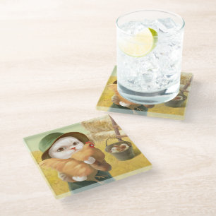 Adorable Cat with Hen on Farm Glass Coaster