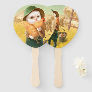 Adorable Cat with Hen on Farm Hand Fan