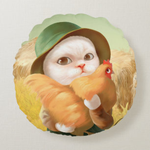 Adorable Cat with Hen on Farm Round Cushion