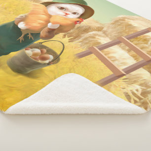 Adorable Cat with Hen on Farm Sherpa Blanket