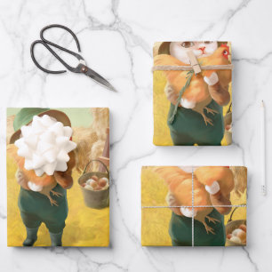 Adorable Cat with Hen on Farm Wrapping Paper Sheet