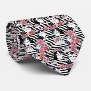 Adorable Cats Pink Roses and Black Stripes Tie