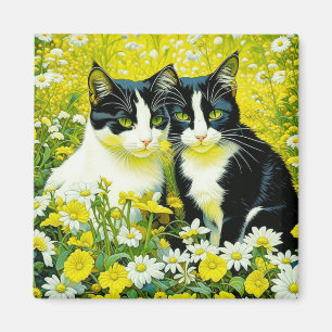 Adorable Cats sitting in a field of Daisies  Magnet