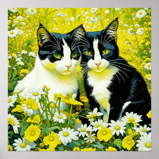 Adorable Cats sitting in a field of Daisies  Poster (Front)