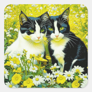 Adorable Cats sitting in a field of Daisies  Square Sticker