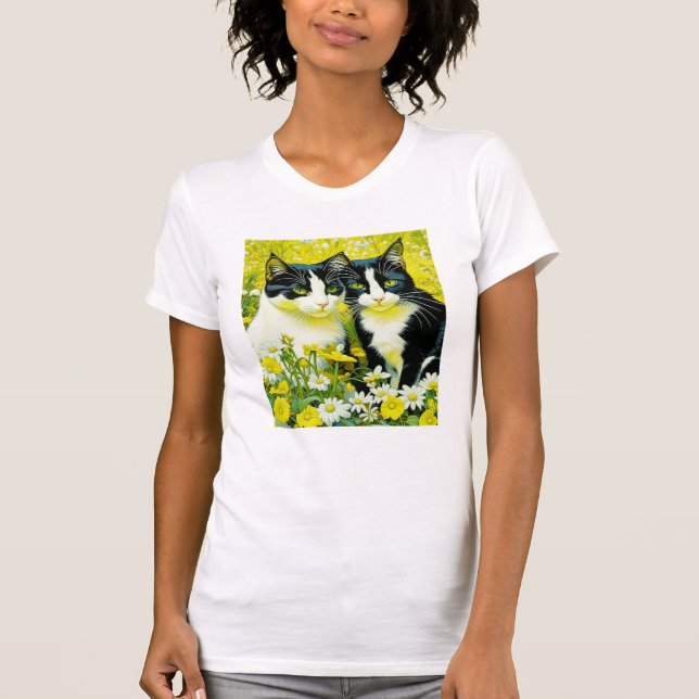 Adorable Cats sitting in a field of Daisies  T-Shirt (Front)