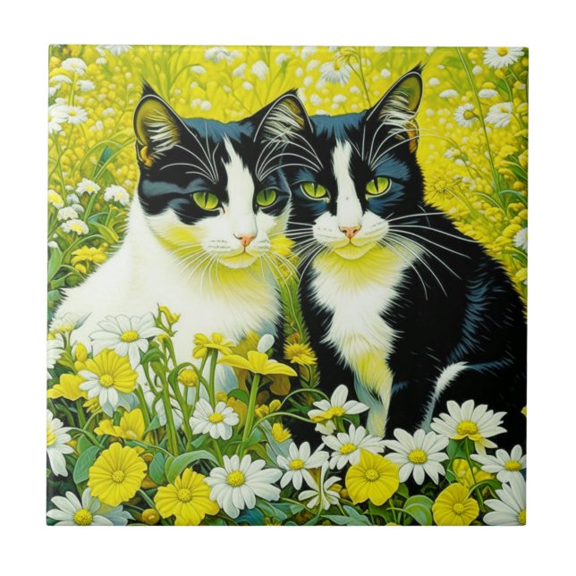 Adorable Cats sitting in a field of Daisies  Tile (Front)