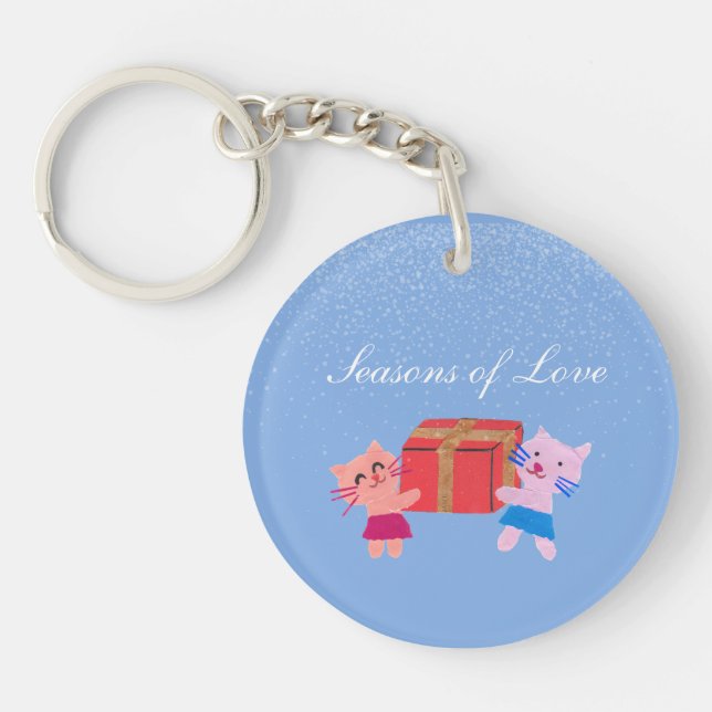 Adorable Cats with Gift Winter Blue Photo Keepsake Key Ring (Front)