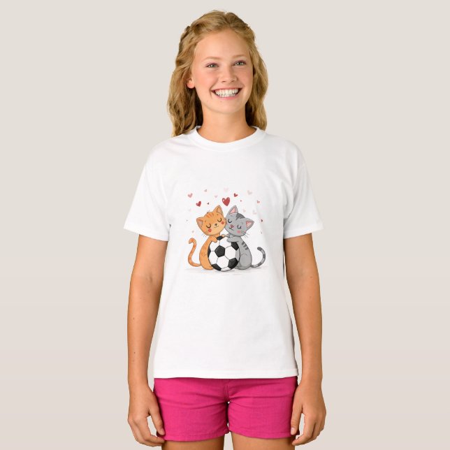 Adorable Cats with Soccer Ball on Valentines Day T-Shirt (Front Full)