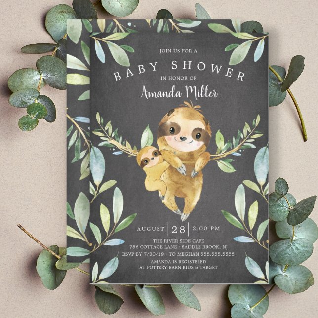 Adorable Chalkboard Sloth Baby Shower Invitation (Creator Uploaded)
