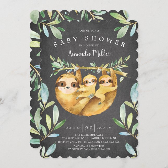 Adorable Chalkboard Sloth Twins Baby Shower Invitation (Front/Back)