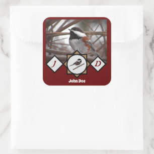 Adorable Chestnut Backed Chickadee Monogram Photo Square Sticker