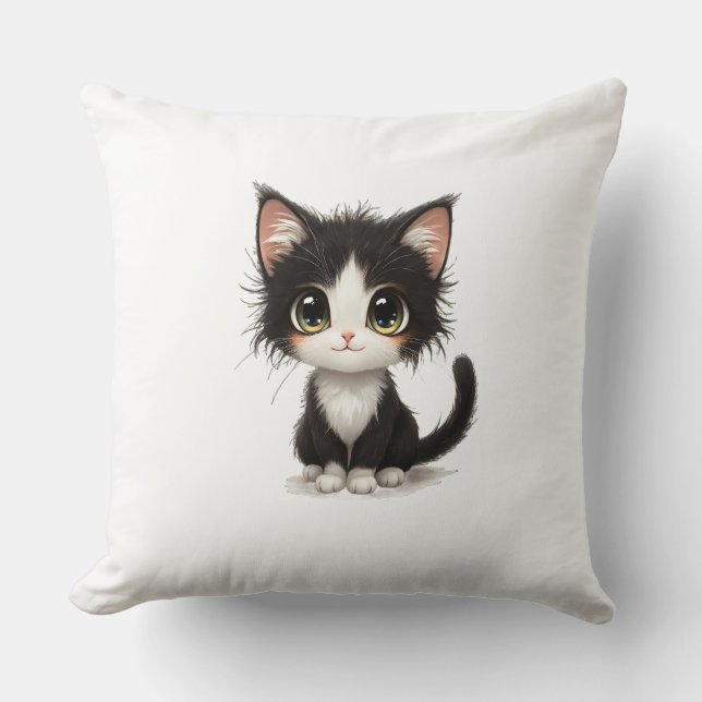 Adorable chibi kitten with fluffy black‑and‑white  cushion (Front)