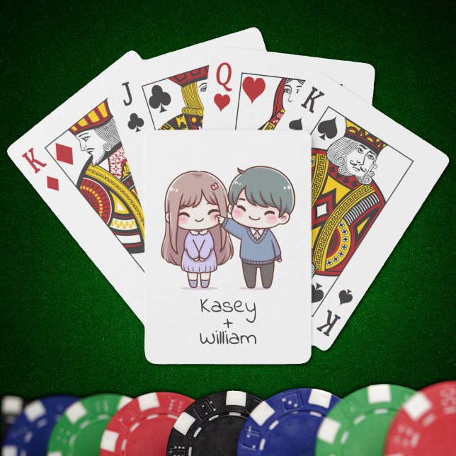 Adorable Chibi-Style Couple Personalised Playing Cards (Sweet Personalized Chibi-style couple Playing Cards)