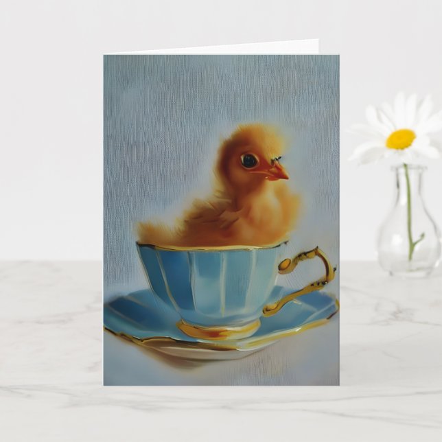 Adorable Chick on a Teacup AI Art Card (Small Plant)