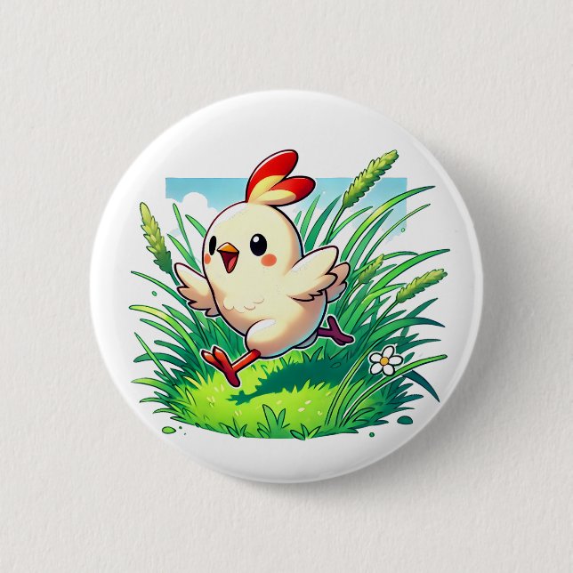 Adorable chicken running happily 6 cm round badge (Front)