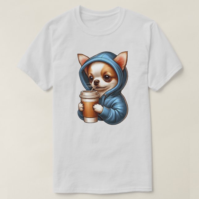 Adorable Chihuahua Drinking Coffee from Cup T-Shirt (Design Front)