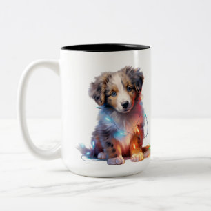 ADORABLE CHRISTMAS AUSTRALIAN SHEPHERD PUPPY Two-Tone COFFEE MUG