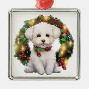 ADORABLE CHRISTMAS BICHON FRISE DOG WREATH METAL TREE DECORATION
