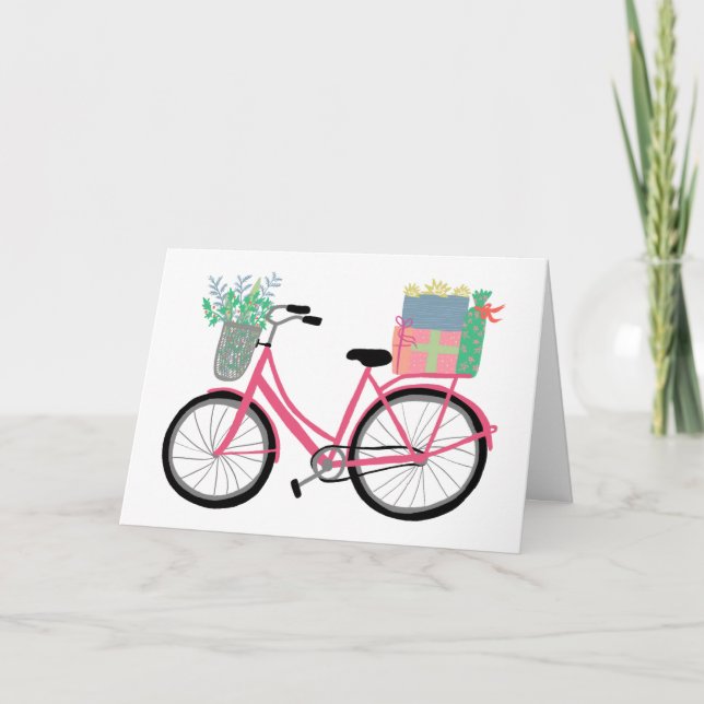 Adorable Christmas Bicycle Cute Pink Holiday Xmas  Card (Front)