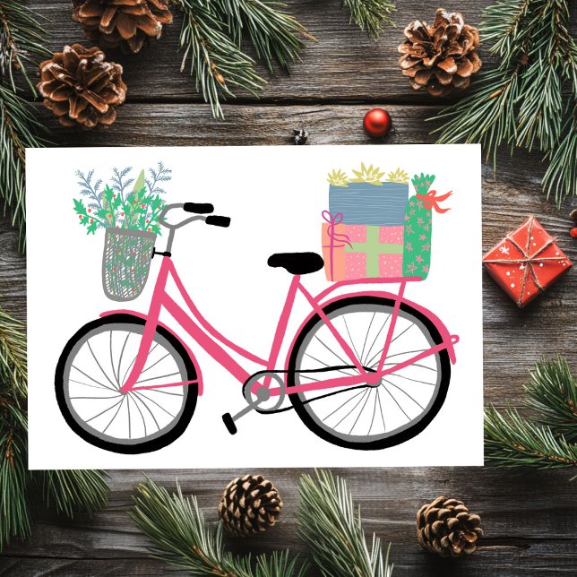 Adorable Christmas Bicycle Gifts Pink Holiday Card (Adorable Christmas Bicycle Holiday Xmas Gifts Pink Flat 
Card)