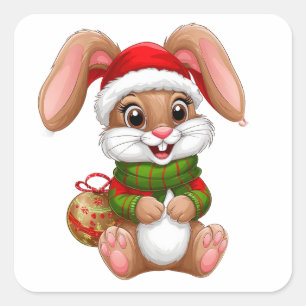 Adorable Christmas Bunny With Santa Hat Square Sticker