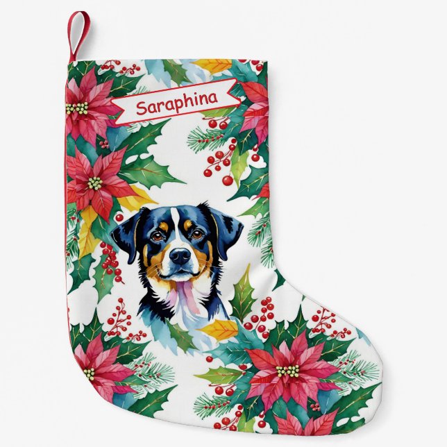 Adorable Christmas Dog And Cat With Poinsettias Small Christmas Stocking (Front)