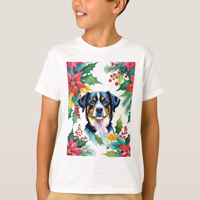 Adorable Christmas Dog With Poinsettias T-Shirt (Front)