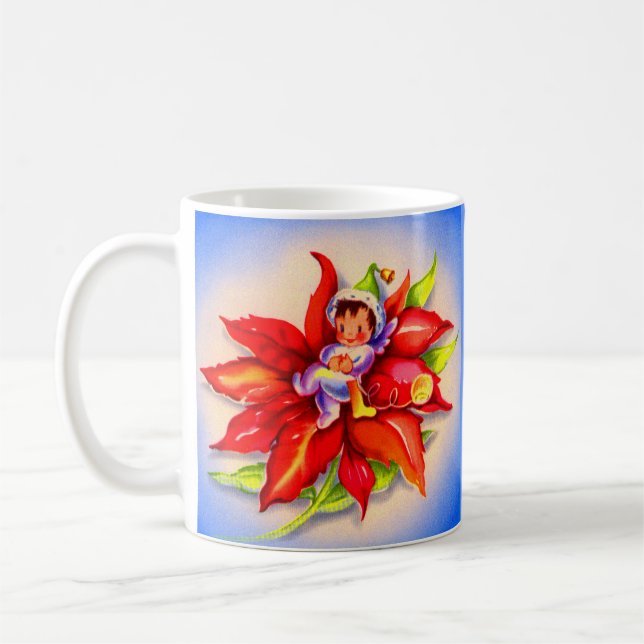 adorable Christmas elf in a poinsettia Coffee Mug (Left)