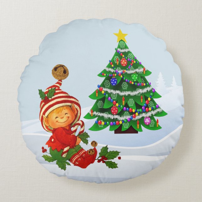 Adorable Christmas Elf Round Pillow (Front)