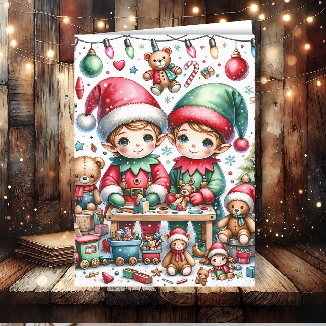 Adorable Christmas Elves in their Toy Shop Holiday Card (Creator Uploaded)