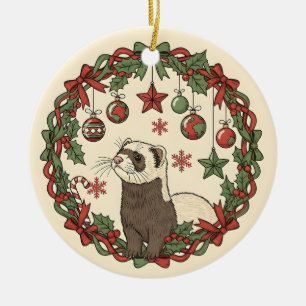 Adorable Christmas Ferret in Holly Wreath Ceramic Tree Decoration