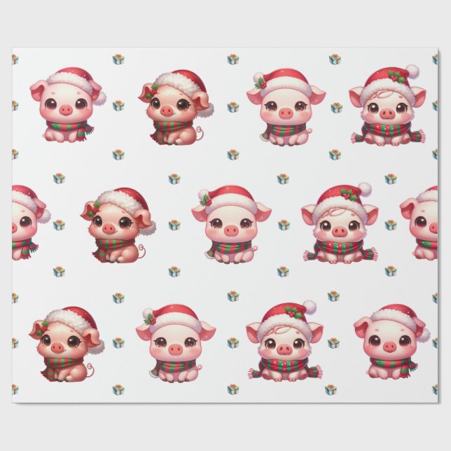 Adorable Christmas Holiday Kawaii Pigs on White I Wrapping Paper (Flat)