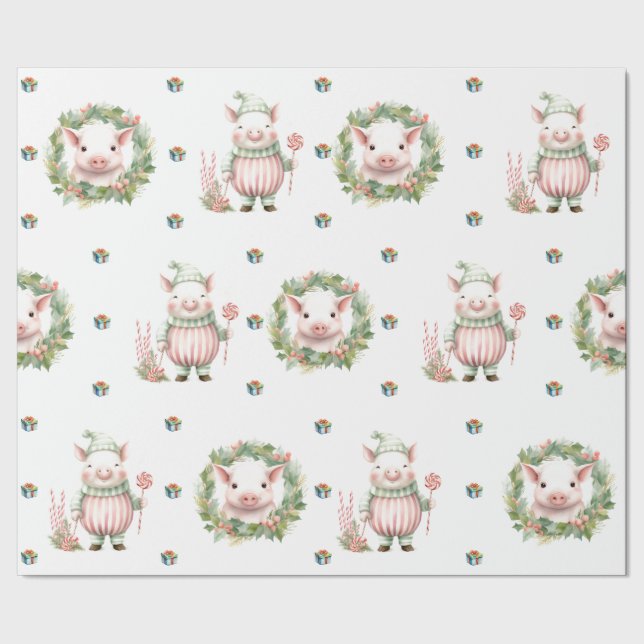 Adorable Christmas Holiday Pastel Pigs on White Wrapping Paper (Seam)