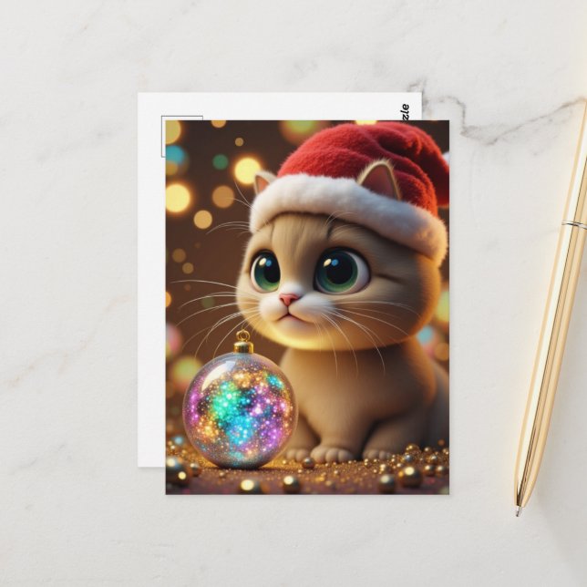 Adorable Christmas Kitten Postcard (Front/Back In Situ)