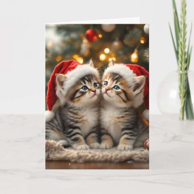 Adorable Christmas kitten with Santa hats  Card (Front)