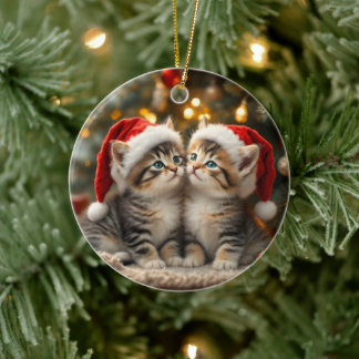 Adorable Christmas kitten with Santa hats Ceramic Tree Decoration