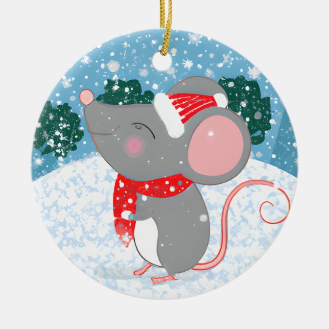 Adorable Christmas Mouse Ceramic Tree Decoration (Front)