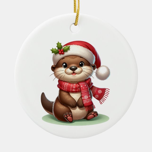 Adorable Christmas Otter  Ceramic Tree Decoration (Front)
