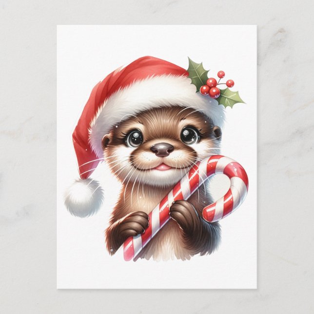 Adorable Christmas Otter in Santa Hat With Candy   Postcard (Front)