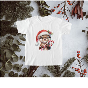 Adorable Christmas Otter in Santa Hat With Candy T-Shirt