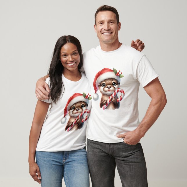 Adorable Christmas Otter in Santa Hat With Candy   T-Shirt (Unisex)