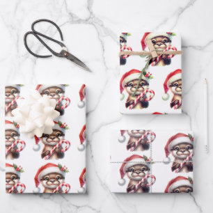 Adorable Christmas Otter in Santa Hat With Candy   Wrapping Paper Sheet