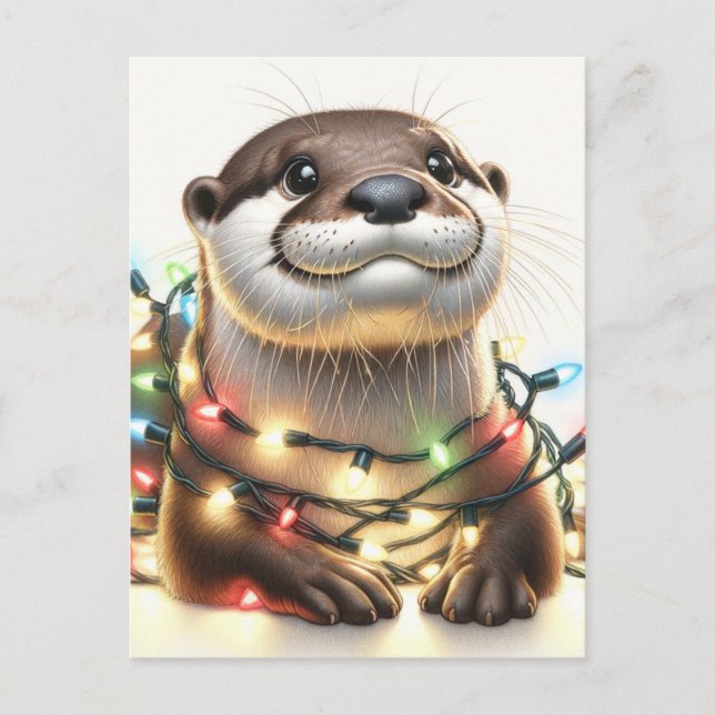 Adorable Christmas Otter With Lights Postcard (Front)