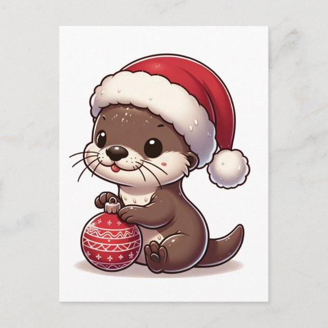 Adorable Christmas Otter With Ornament Postcard (Front)
