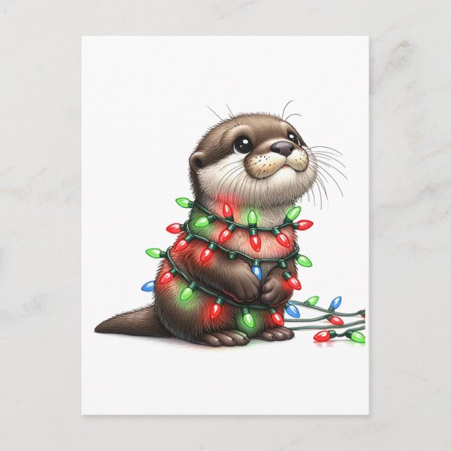 Adorable Christmas Otter Wrapped in Lights Postcard (Front)