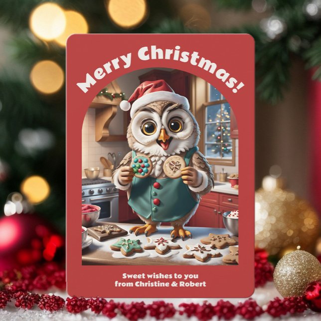 Adorable Christmas Owl Baking Cookie Cute Cosy Red Holiday Card (Adorable Christmas owl baking cookies, digital download or custom printed holiday card)