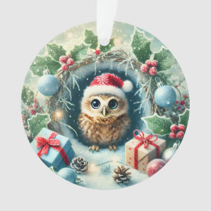 Adorable Christmas Owl with Santa Hat Ornament