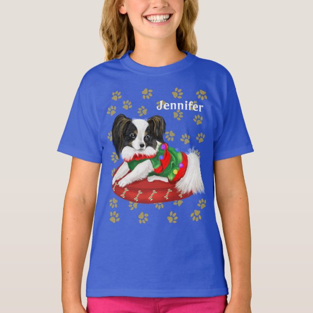 Adorable Christmas Papillon Puppy Custom Name T-Shirt (Front)