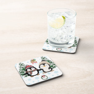 Adorable Christmas Penguin Couple Hard Plastic Coa Coaster
